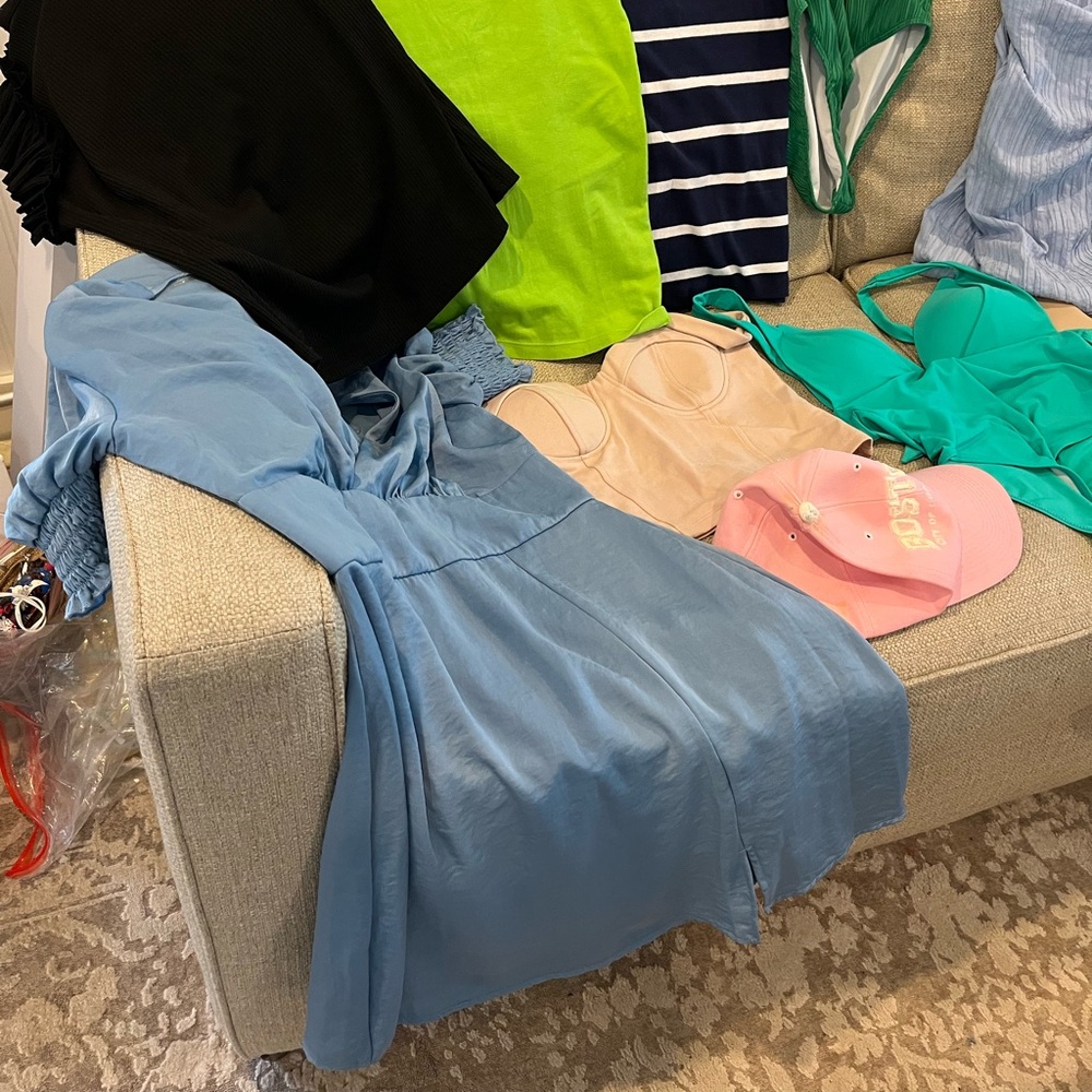 Light Blue Satin Maxi Dress and Mixed Lot of Name Brand Clothes/Sandals size 9